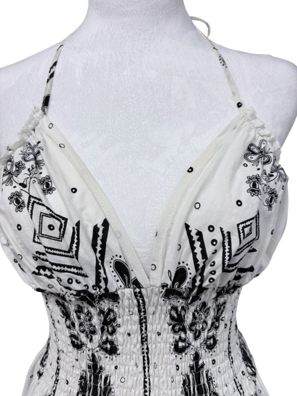 Striking 100% Cotton White and Black Bandana Printed Boho-Chic Dress Beach SZ L - Picture 5 of 11